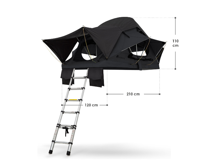 Tente de toit avec échelle, mesurant 210x110 cm, avec une échelle de 120 cm.