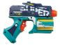 Pistolet jouet bleu et vert avec les mots 'RAPID FIRE' et 'MODEL' en jaune.