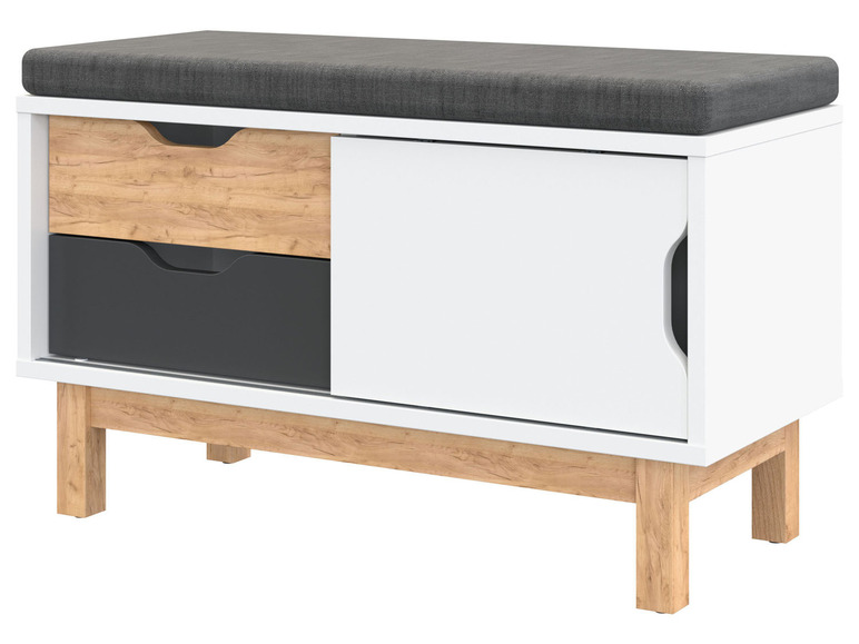 Banc à chaussures blanc avec deux tiroirs et une porte coulissante.