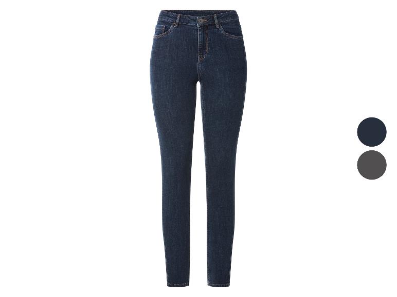 Jean skinny taille haute bleu foncé, avec option de couleur grise.