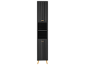 Armoire noire haute et étroite avec portes cannelées, étagères ouvertes et pieds dorés