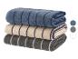Pile de trois serviettes rayées bleu, beige et gris.