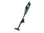 Aspirateur balai sans fil vert et noir avec accessoires, sur fond blanc.