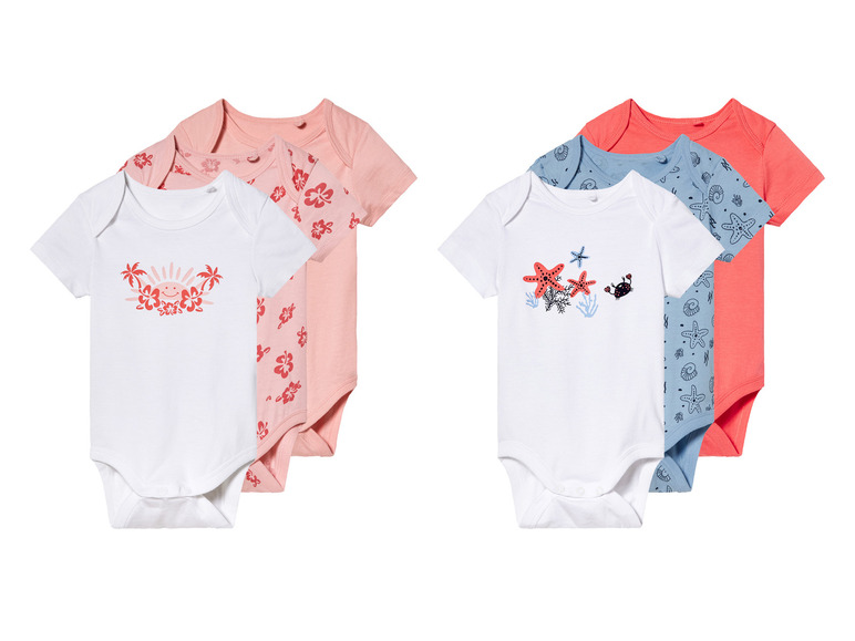 Bodys bébé avec des motifs de soleil, palmiers et étoiles de mer.