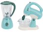 Mixeur et batteur sur socle jouets en turquoise et vert foncé.