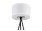 Suspension design minimaliste : diffuseur blanc cylindrique et pieds noirs.