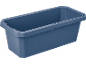 Bac de rangement rectangulaire en plastique bleu avec poignées intégrées.