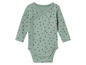 Une grenouillère bébé verte à pois bleus.