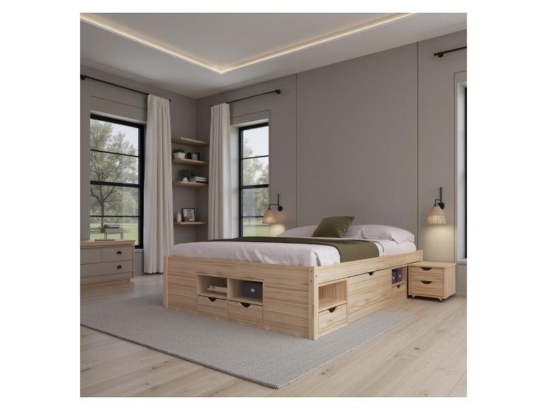 Chambre avec lit en bois avec rangement, commode et tables de chevet en bois clair.
