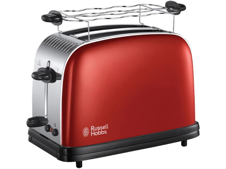 Grille-pain rouge avec détails chromés et grille supérieure pour réchauffer les petits pains.