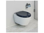 Une cuvette de toilette murale avec un abattant de couleur bleu foncé.
