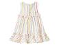 Robe rayée pour fille avec des rayures colorées, des volants et des boutons au dos.