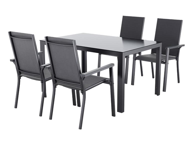 Ensemble de mobilier de jardin avec table gris foncé et quatre chaises avec accoudoirs.