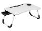 Table pliante blanche pour ordinateur portable avec fente pour tablette et porte-gobelet.