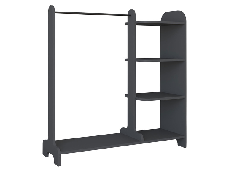 Un portant à vêtements gris foncé avec des étagères.