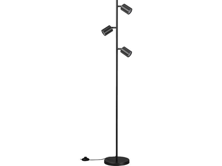 Lampadaire noir avec trois spots réglables et une base ronde