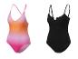 Deux maillots de bain une pièce : un dégradé rose et un noir uni.