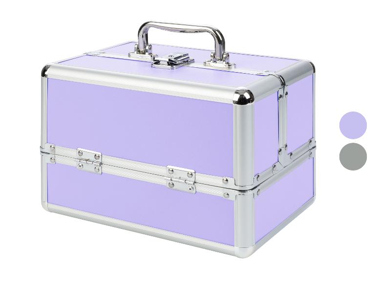 Une valise en aluminium violette pour le maquillage ou les bijoux.