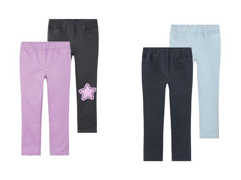 Trois paires de leggings pour filles en rose, gris et bleu clair.