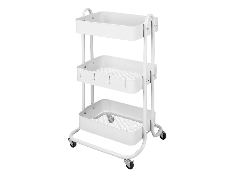 Chariot de rangement blanc à 3 niveaux en métal avec étagères grillagées et roulettes