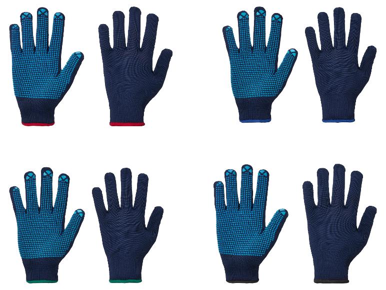 Quatre paires de gants de travail avec une surface à pois.