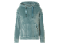 Un sweat à capuche en velours turquoise clair avec cordon et poche.