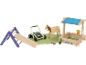 Jouets d'extérieur en bois: toboggan, tondeuse, cheval et bac à sable.