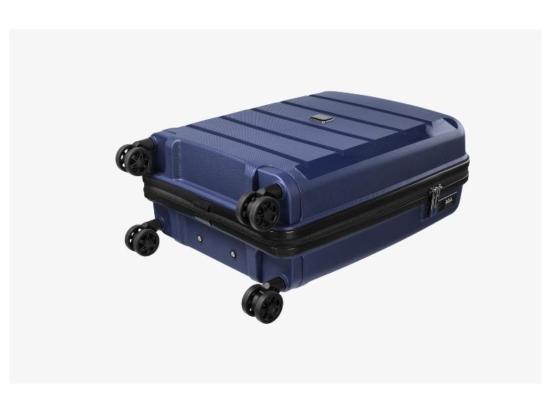 Valise rigide bleue avec quatre roulettes et une serrure à combinaison