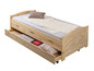 Un lit en bois avec des tiroirs, avec une couette et un oreiller.