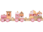 Train jouet en bois aux couleurs pastel avec des motifs d'animaux et de nature.