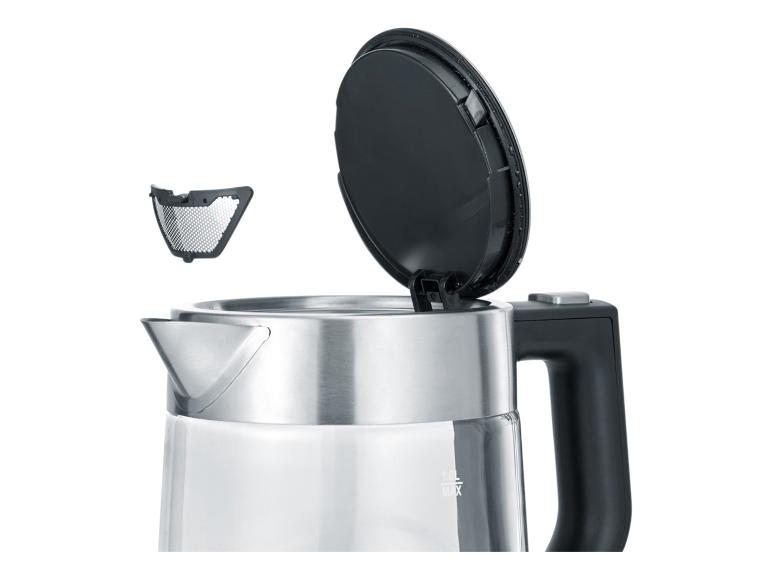 Bouilloire électrique en verre avec couvercle ouvert et filtre amovible.