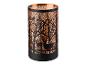 Lanterne cylindrique en métal noir avec intérieur cuivré et motif forêt de cerfs.
