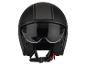 Casque de moto noir avec des rayures foncées et une visière transparente