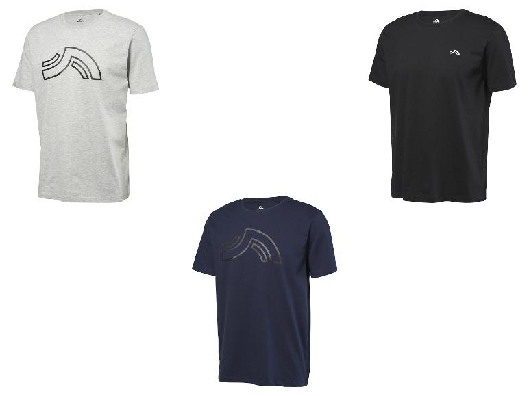 Trois t-shirts Crivit pour hommes en gris, noir et bleu foncé.