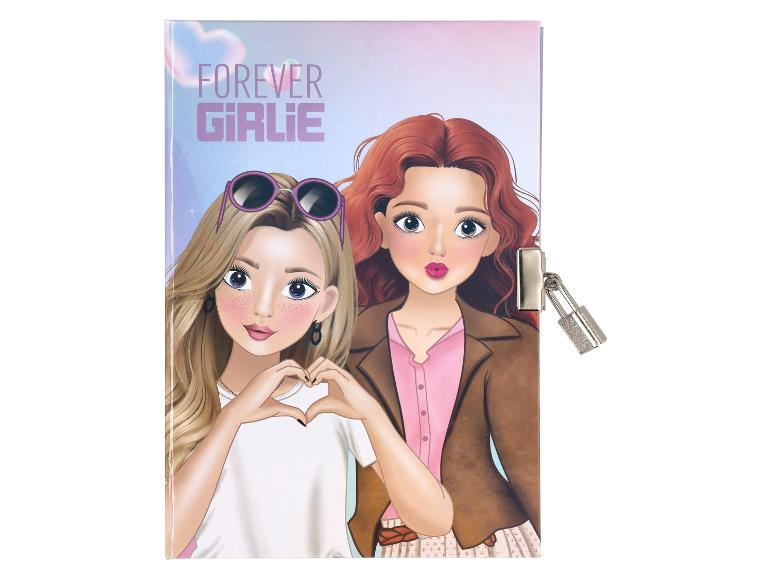 Journal intime avec cadenas, illustré de filles de dessins animés et du texte 'FOREVER GIRLIE'.