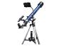 Un télescope Bresser bleu sur un trépied avec un support pour téléphone.