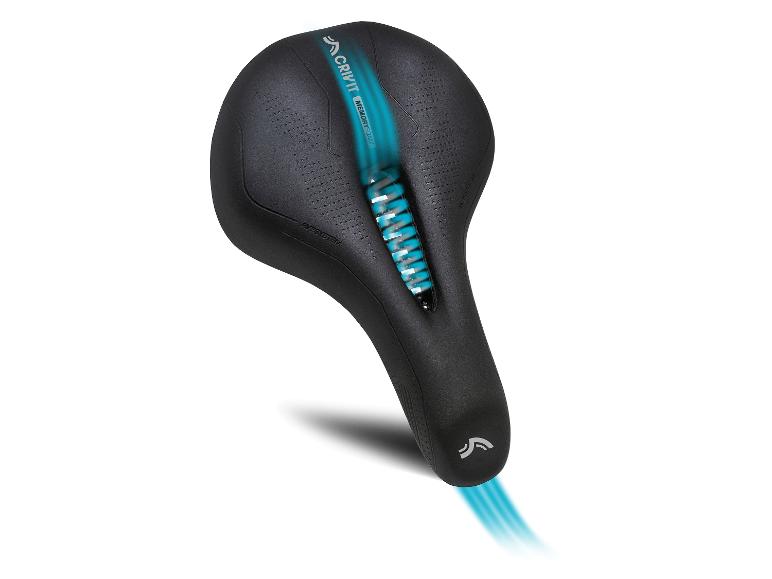 Selle de vélo noire avec accent bleu et texte 'MEMORYFOAM'