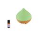Un diffuseur d'huiles essentielles vert avec des détails en bois et un flacon d'huile de lavande Silvercrest.