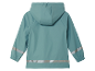 Un imperméable turquoise pour enfant avec des bandes réfléchissantes.