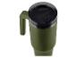 Mug thermique vert avec anse et couvercle noir, avec logo de marque en relief