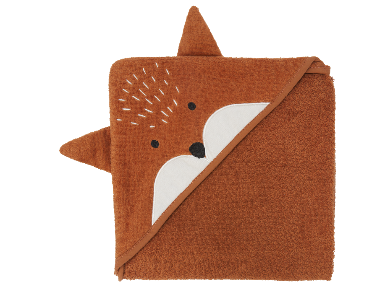 Serviette de bain à capuche pour bébé en forme de renard, de couleur marron.