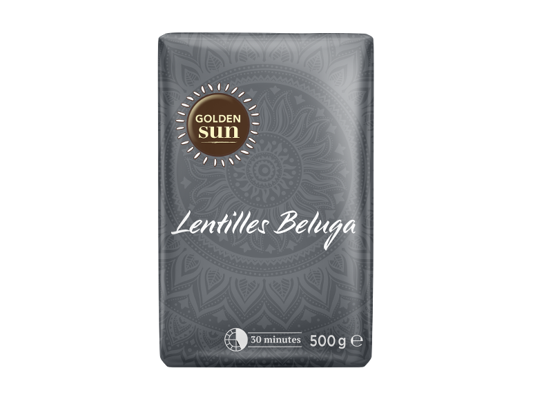 Paquet de 500g de lentilles beluga, avec un thème solaire et 30 minutes de cuisson.
