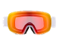 Masque de ski orange et rouge avec une sangle blanche et un rembourrage en mousse noire.