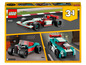 LEGO 3-en-1 avec une voiture de course, un hot rod et une voiture de sport.