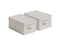 Deux boîtes de rangement beiges avec un motif de feuilles blanches.