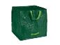 Un sac poubelle vert avec des poignées vertes.