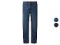Jean droit pour homme en denim bleu foncé, avec deux options de couleur.