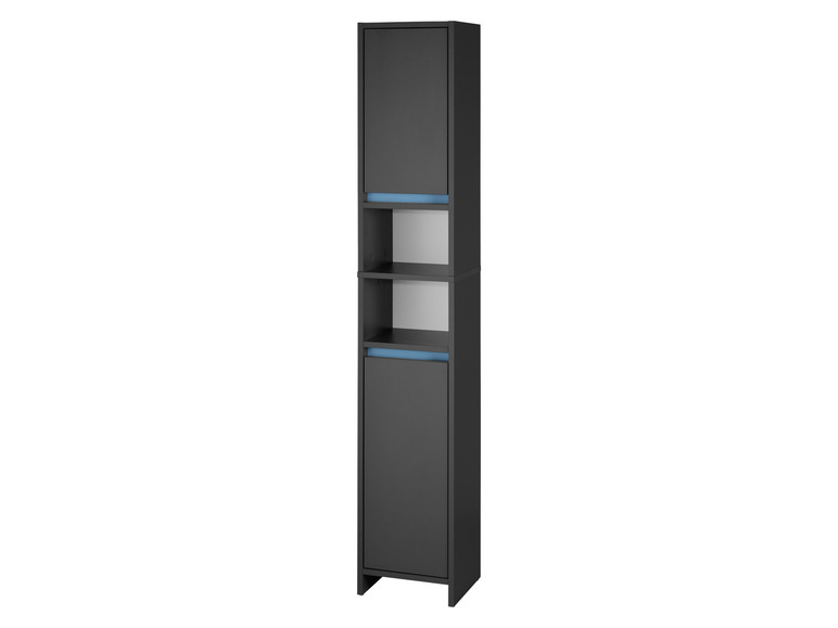 Une armoire de salle de bain noire avec des portes et des étagères.