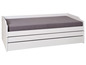 Lit blanc avec trois tiroirs et un matelas gris.