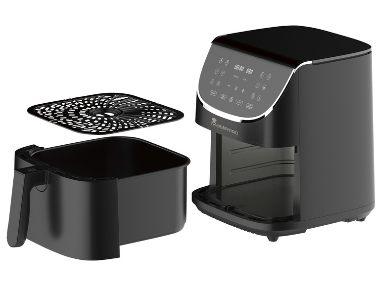 Une friteuse à air Masterpro noire avec un panier amovible et une grille.